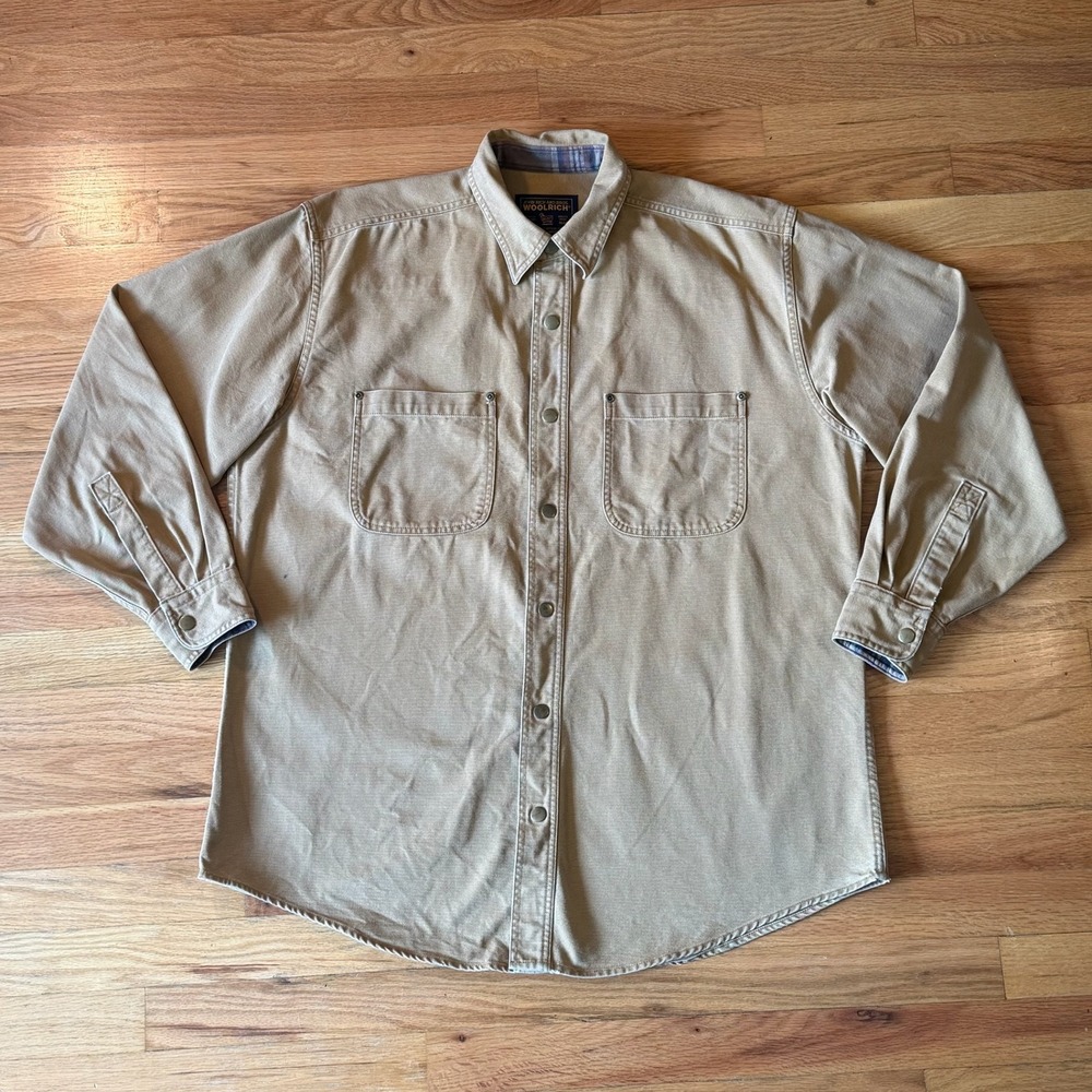 Woolrich John Rich & Bros Mens Large Tan Canvas Flannel Lined Snap Work Shirt
